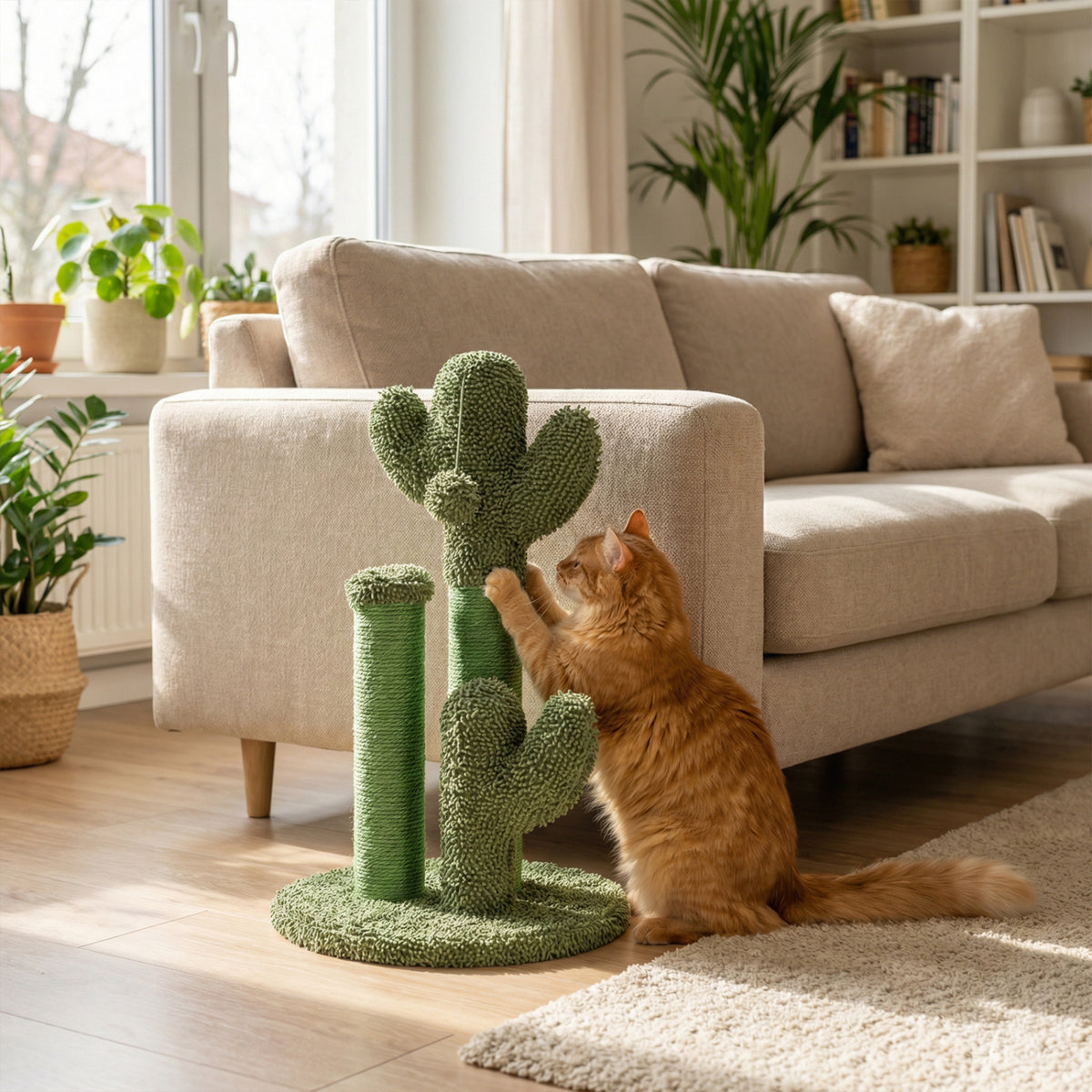 Cactus Cat Scratching Post - 22 Inch Natural Sisal Rope & Plush Ball, Green Variation
