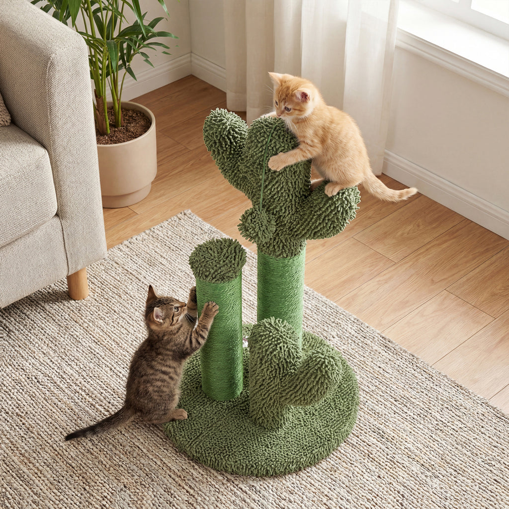 Cactus Cat Scratching Post - 22 Inch Natural Sisal Rope & Plush Ball, Green Variation