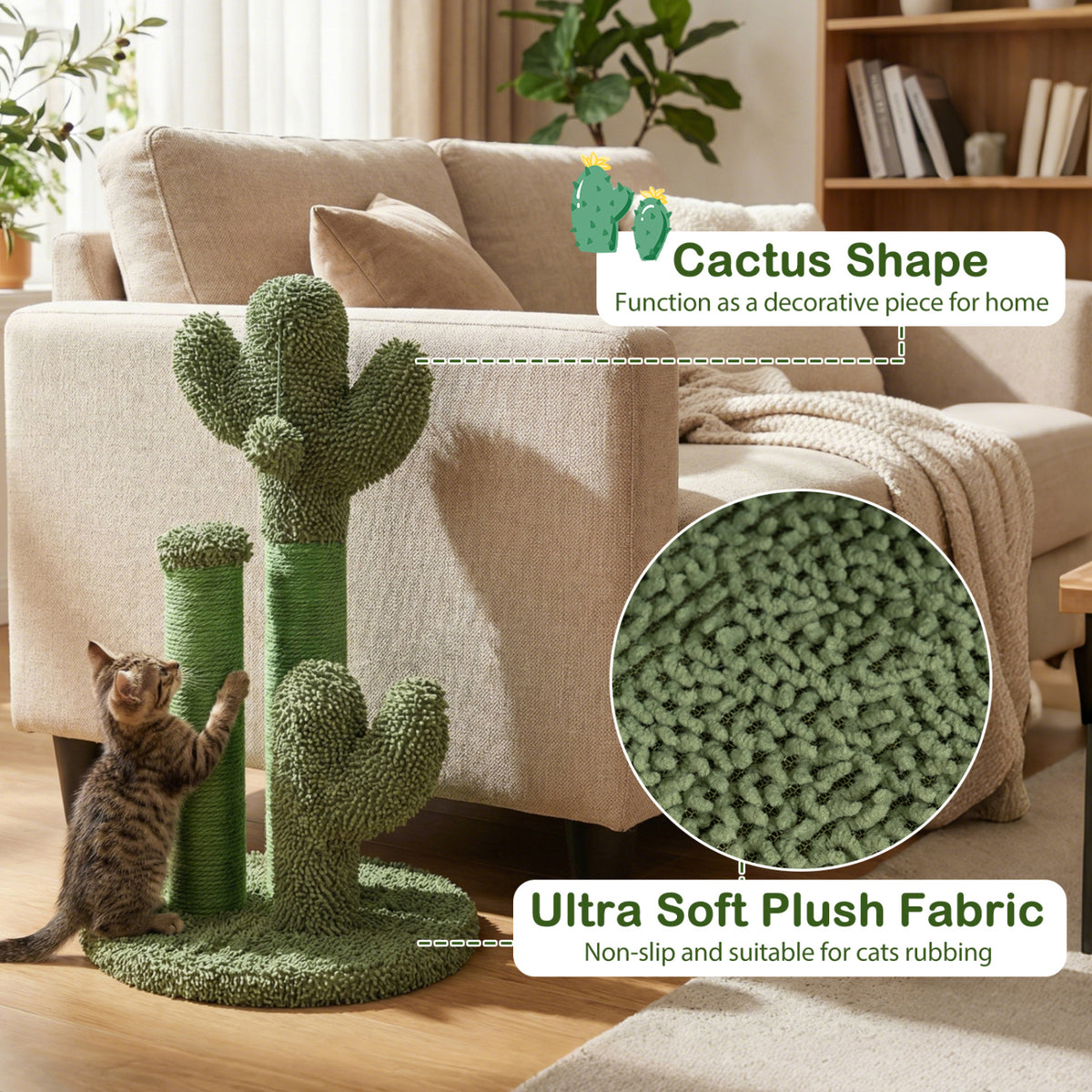 Cactus Cat Scratching Post - 22 Inch Natural Sisal Rope & Plush Ball, Green Variation