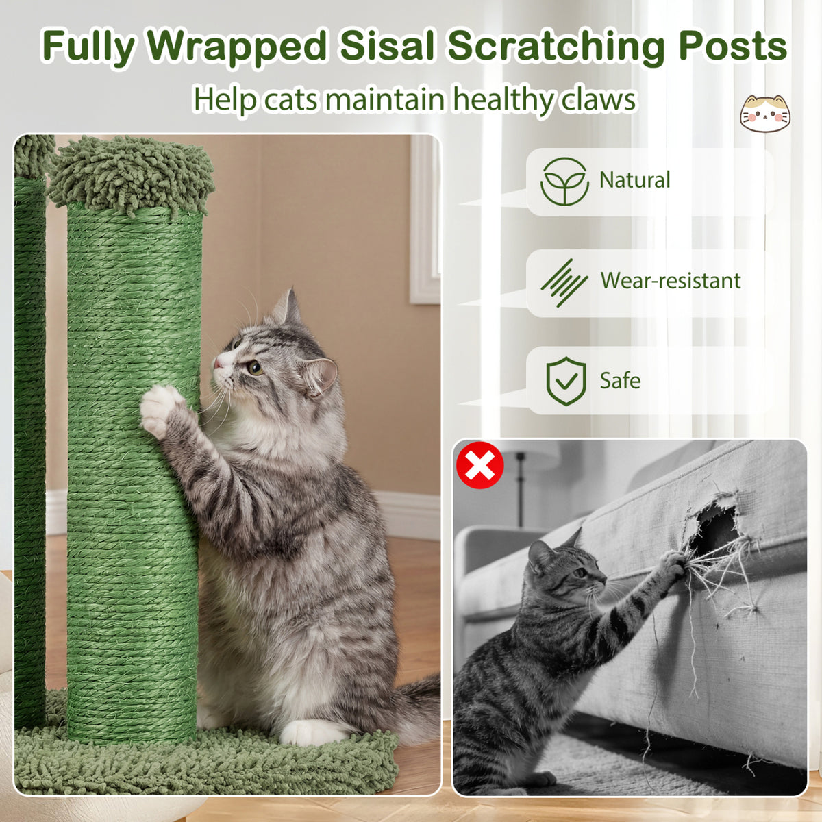 Cactus Cat Scratching Post - 22 Inch Natural Sisal Rope & Plush Ball, Green Variation