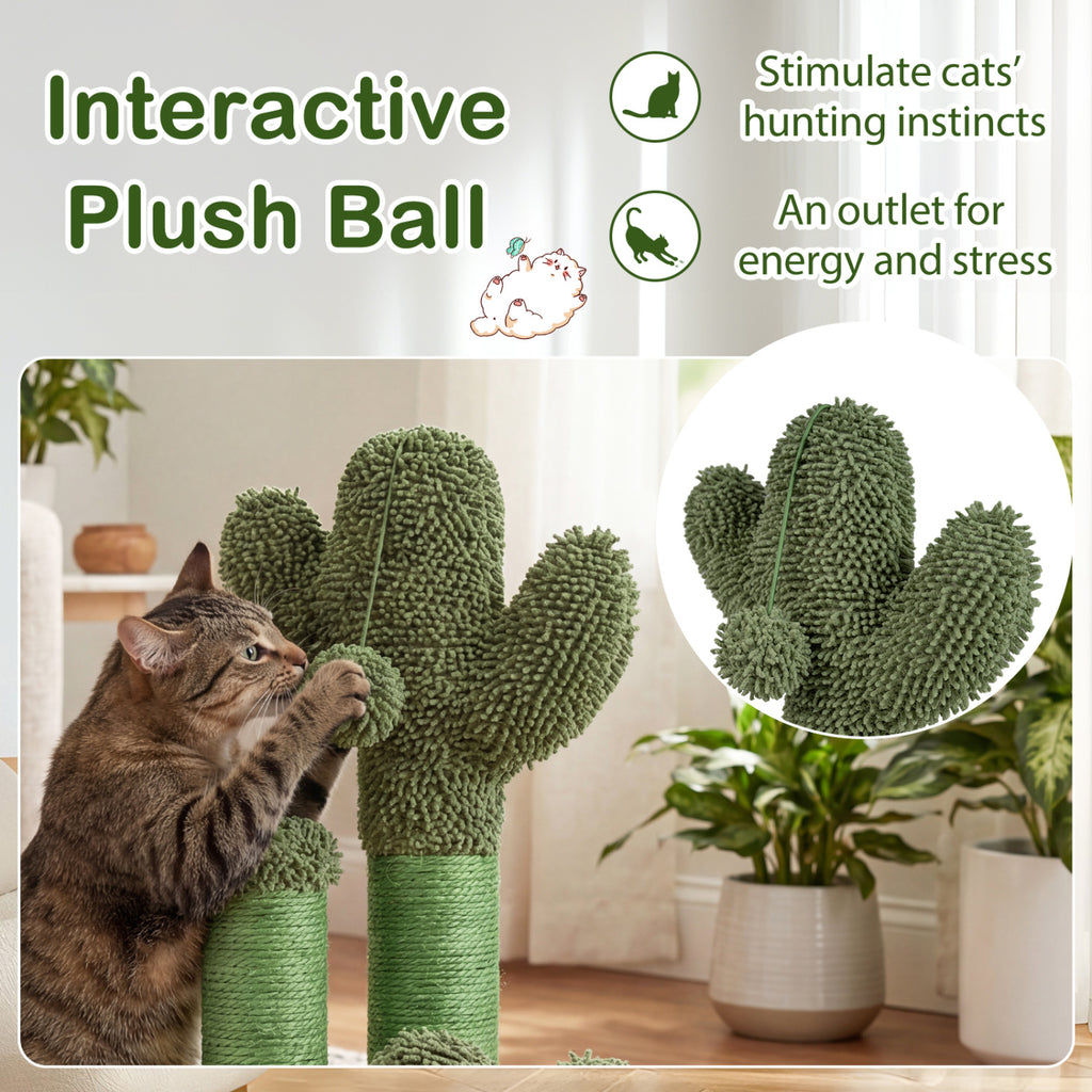 Cactus Cat Scratching Post - 22 Inch Natural Sisal Rope & Plush Ball, Green Variation