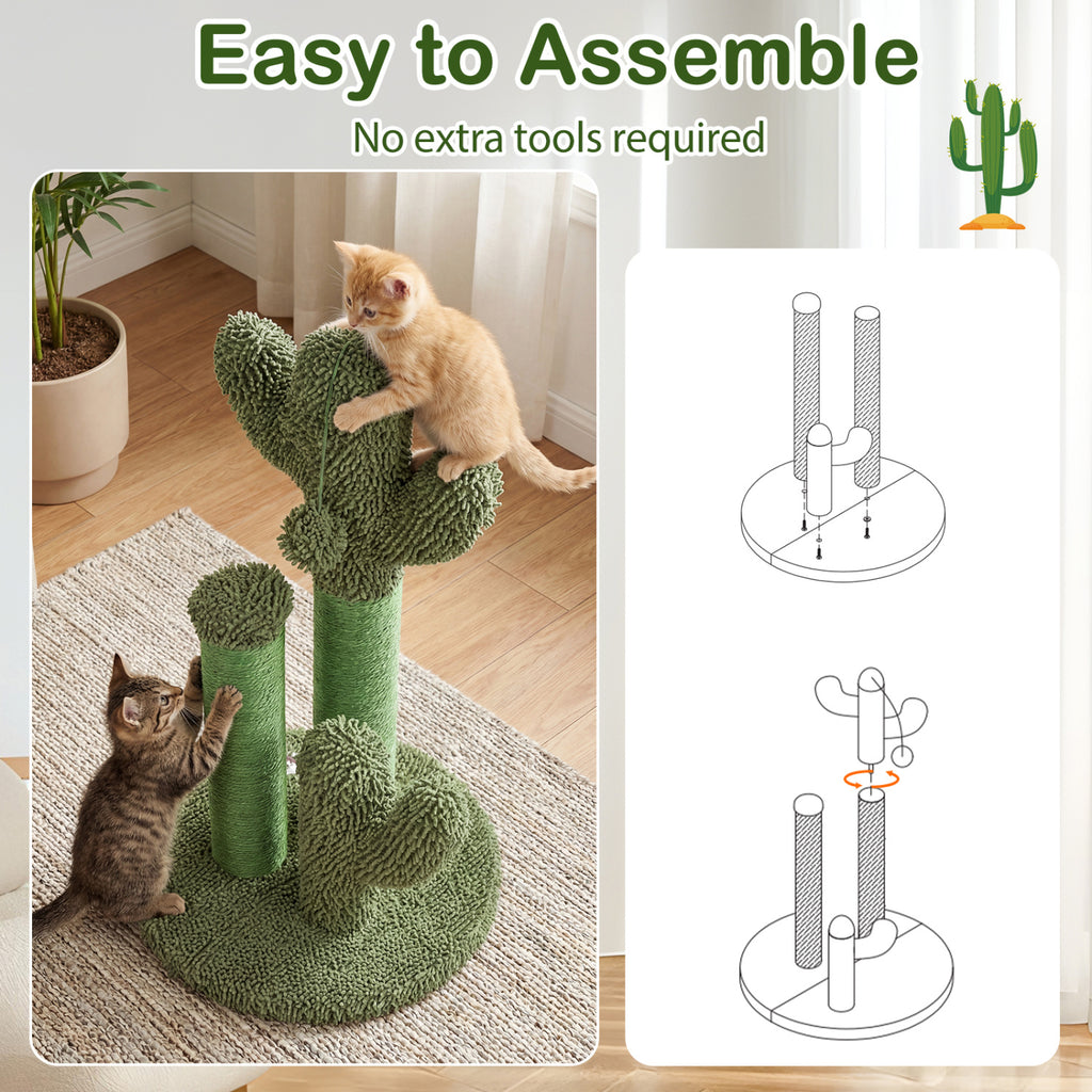 Cactus Cat Scratching Post - 22 Inch Natural Sisal Rope & Plush Ball, Green Variation