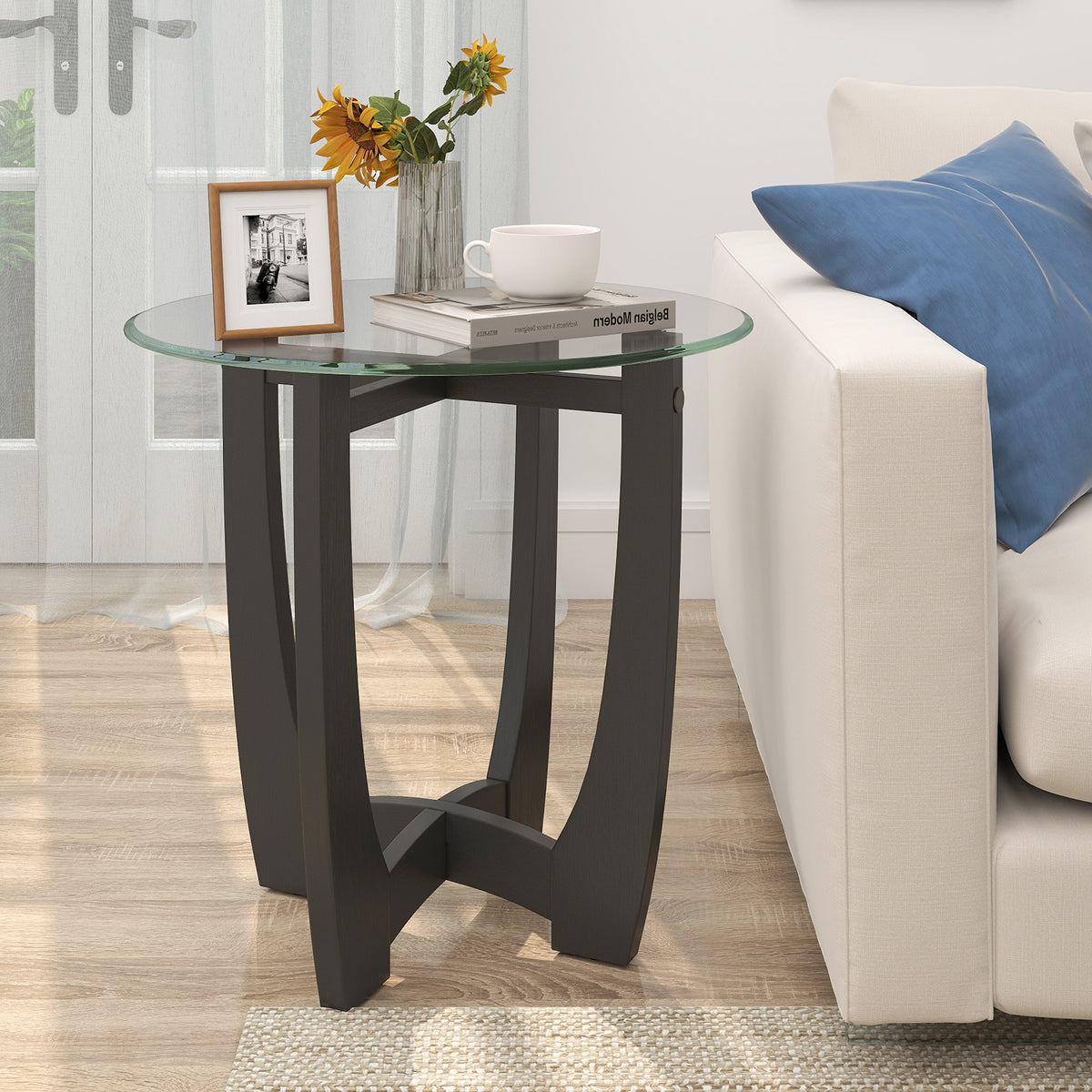 23.5 Inch Round End Side Table with Tempered Glass, Walnut
