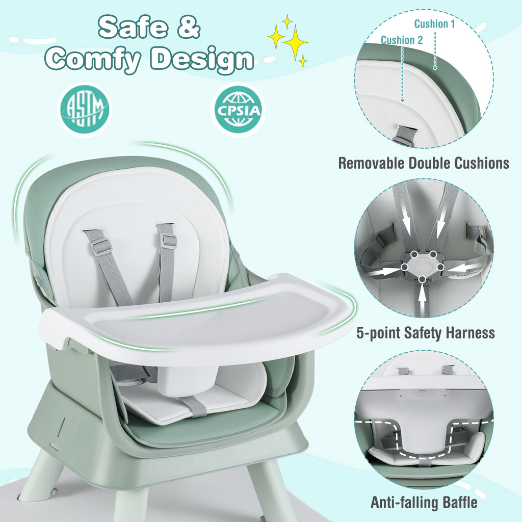 Green 8-in-1 Convertible Baby High Chair with Adjustable Removable Tray