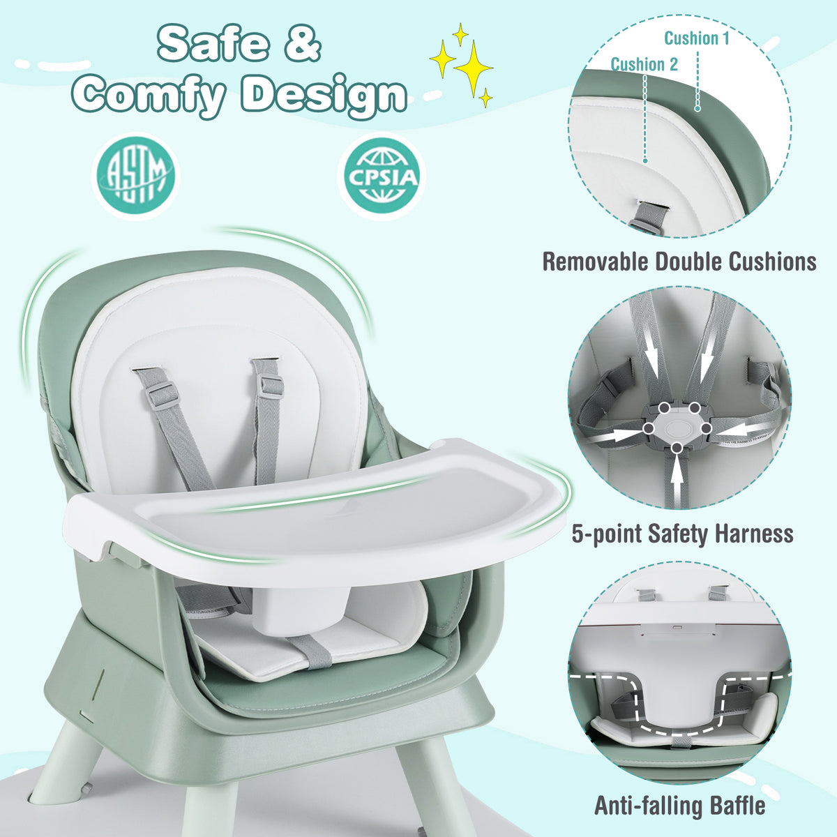 Green 8-in-1 Convertible Baby High Chair with Adjustable Removable Tray