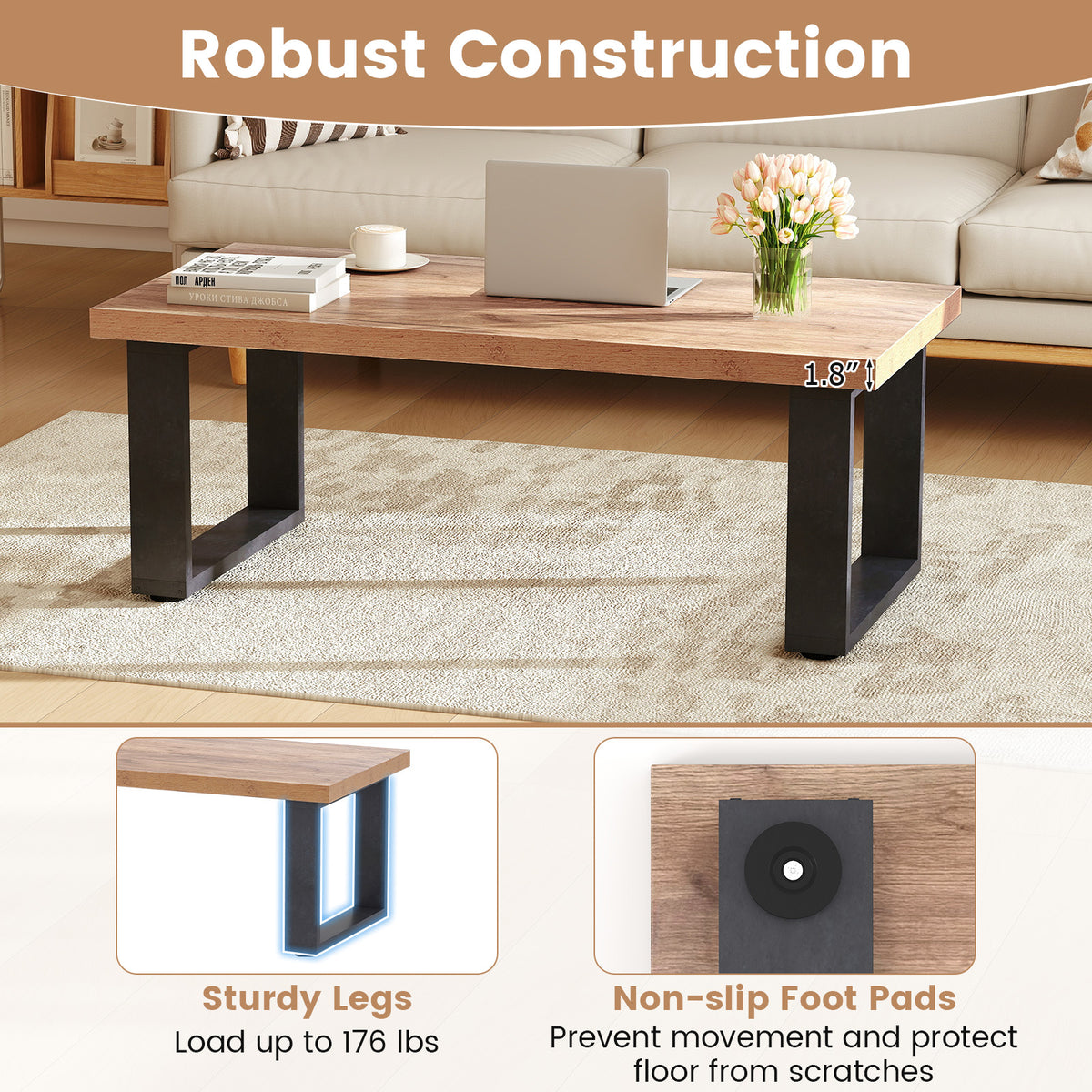 47" Farmhouse Coffee Table with Thickened Tabletop - Oak