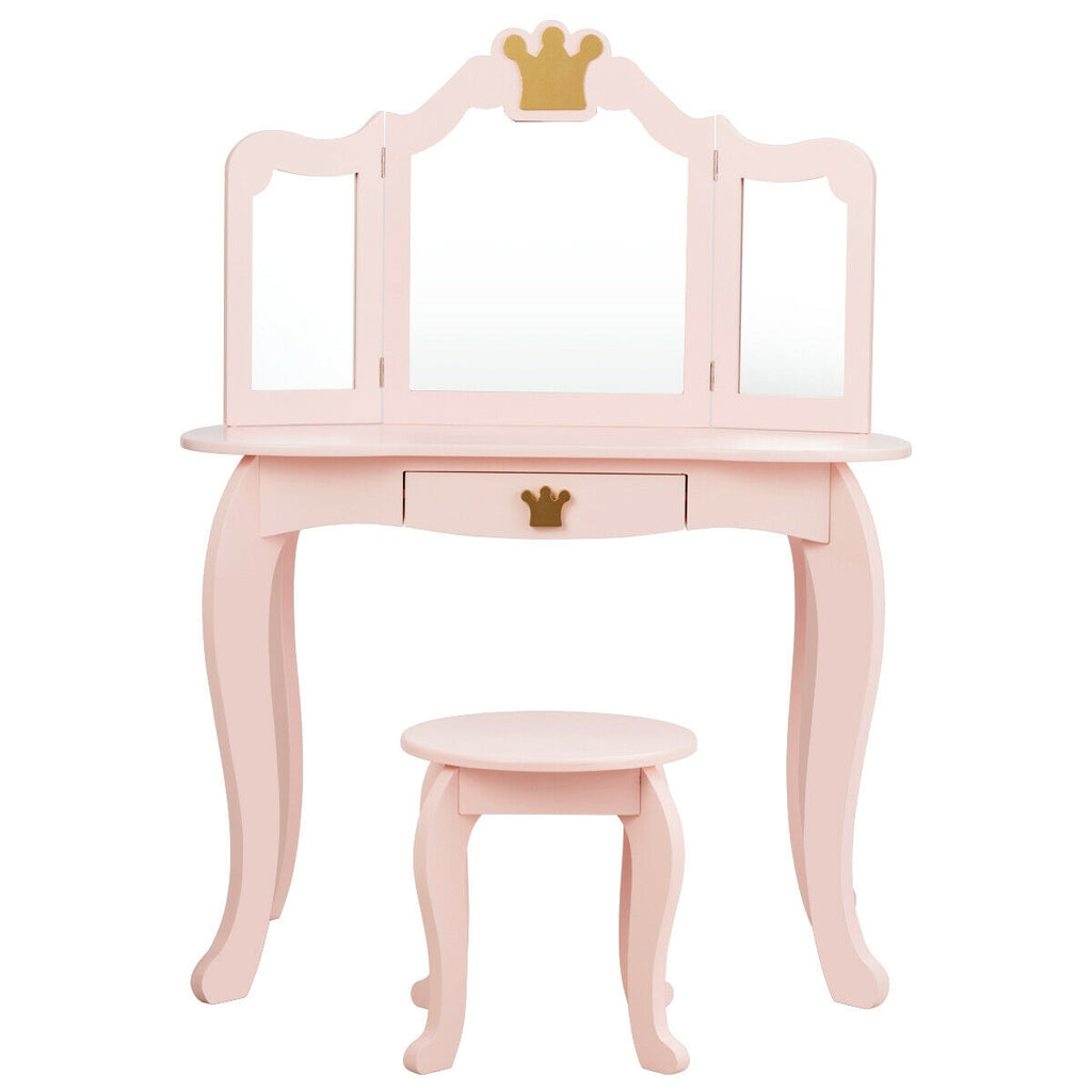Kids Makeup Dressing Table with Tri-Fold Mirror & Stool - Pink - Costway