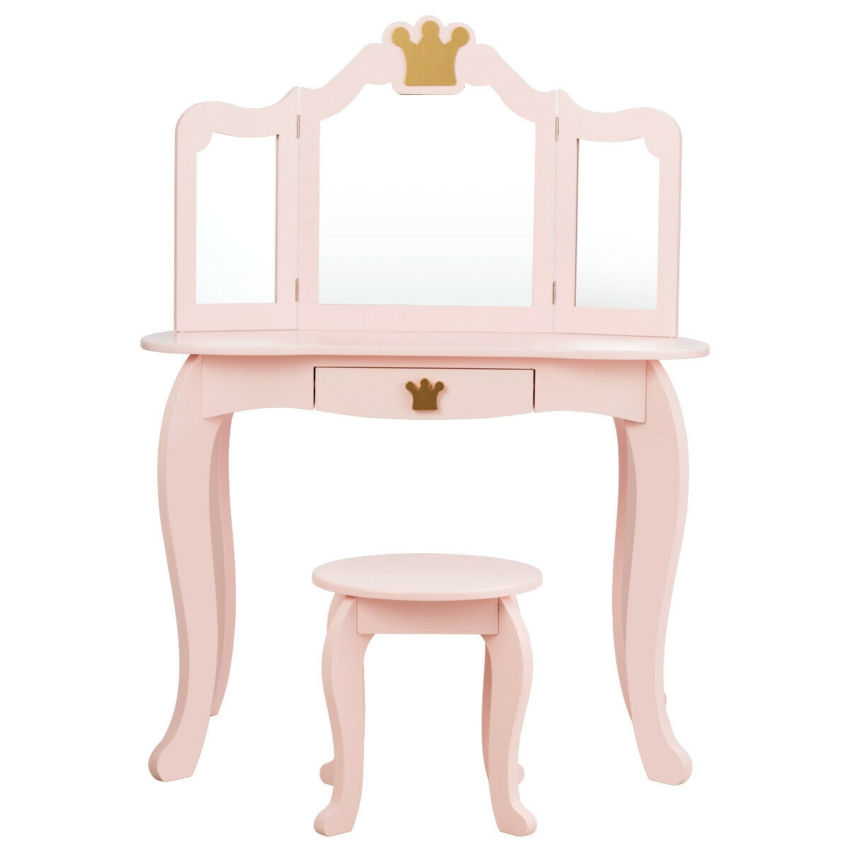 Kids Makeup Dressing Table with Tri-Fold Mirror & Stool - Pink - Costway