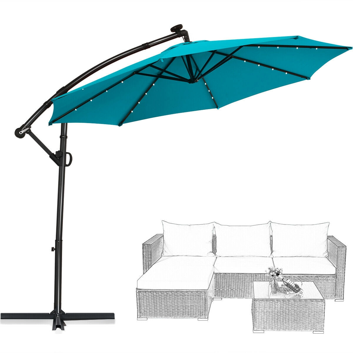 10 x 8 Feet Solar LED Patio Umbrella with 360° Rotation, Turquoise
