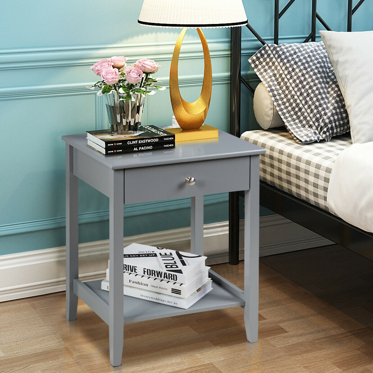 Wooden Nightstand with Drawer & Shelf Storage - Gray