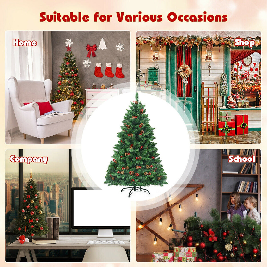 4.5 Feet Pre-Lit Hinged Christmas Tree with 300 LED Lights and Pine Cone Decor
