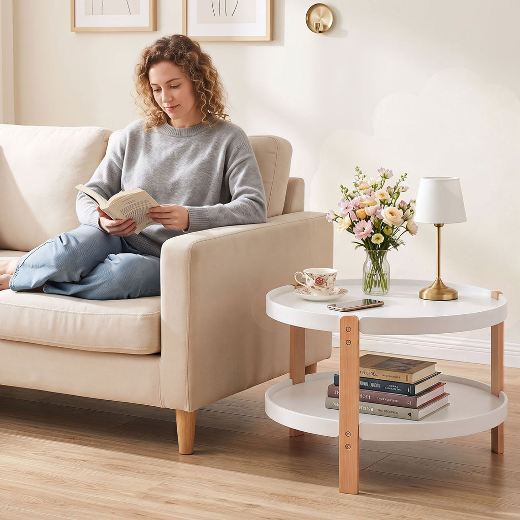23.5" Round Coffee Table with Storage Shelf, White