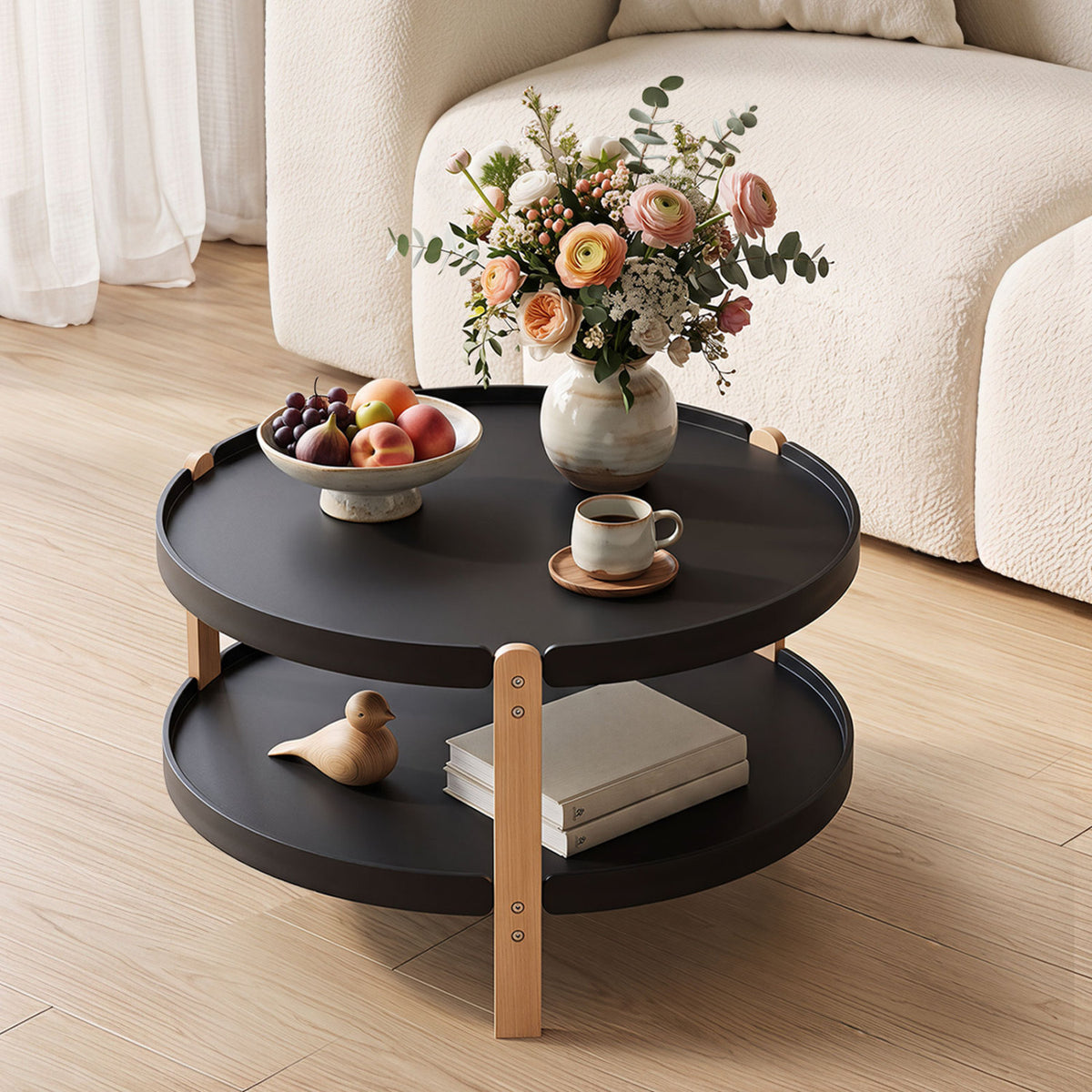 23.5" Round Coffee Table with Storage Shelf, White