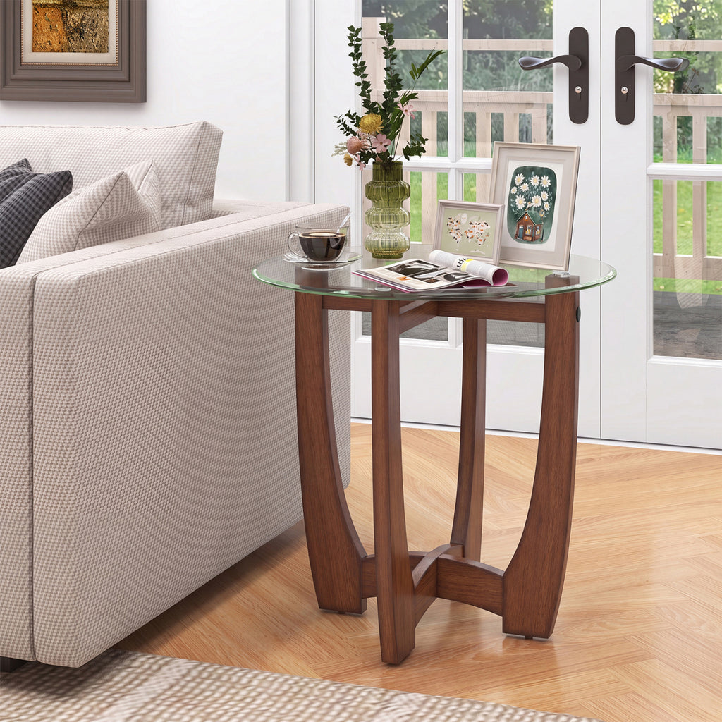 23.5 Inch Round End Side Table with Tempered Glass, Walnut