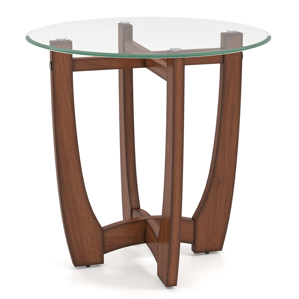 23.5 Inch Round End Side Table with Tempered Glass, Walnut