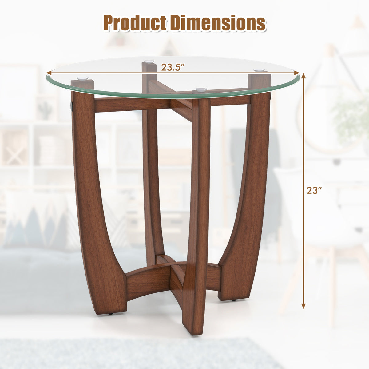 23.5 Inch Round End Side Table with Tempered Glass, Walnut
