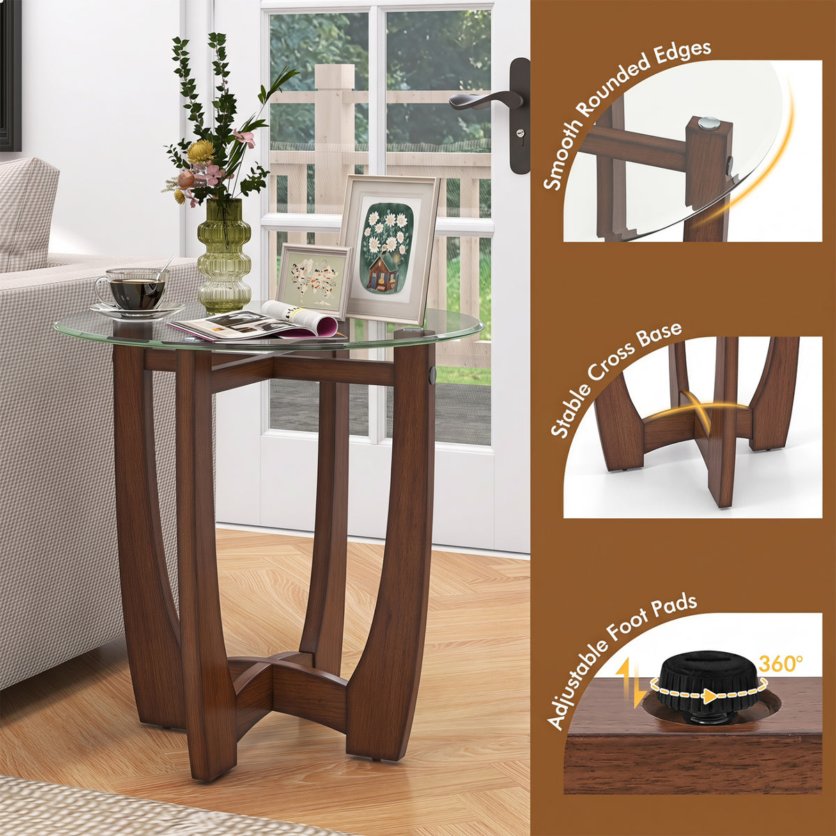 23.5 Inch Round End Side Table with Tempered Glass, Walnut