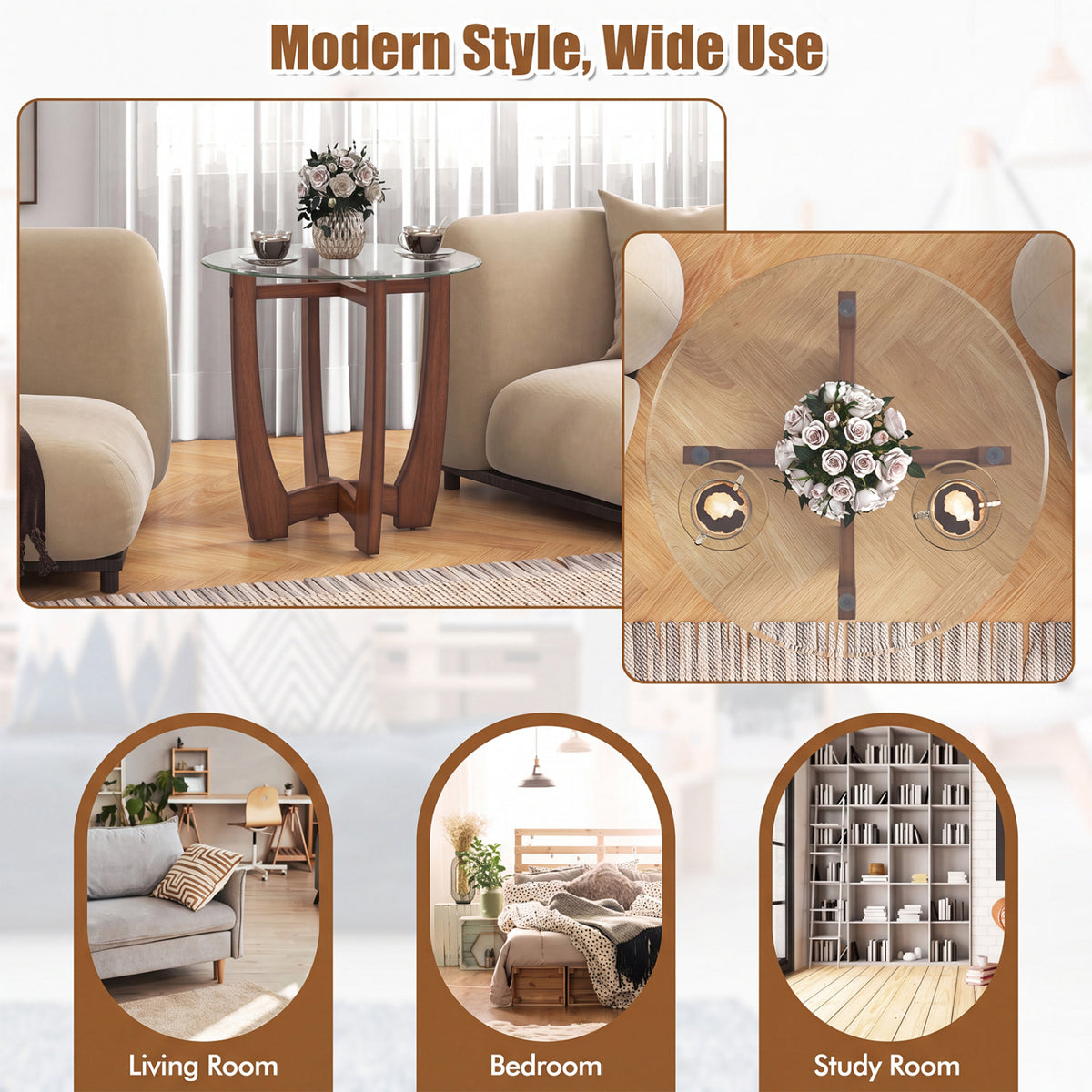 23.5 Inch Round End Side Table with Tempered Glass, Walnut