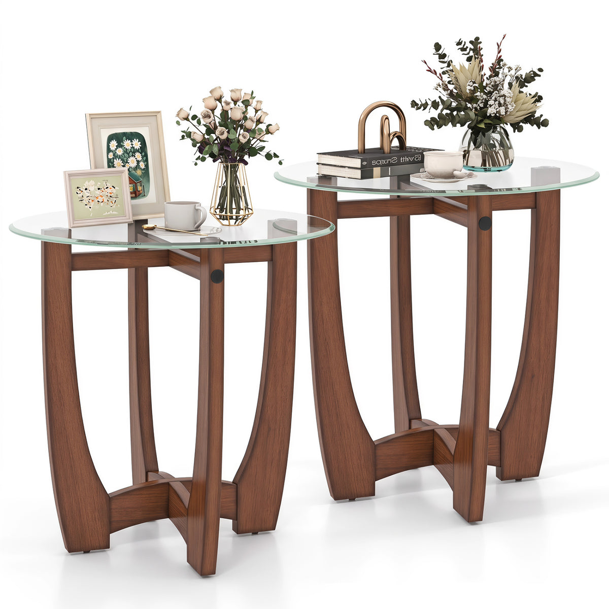 23.5 Inch Round End Side Table Set of 2, Walnut