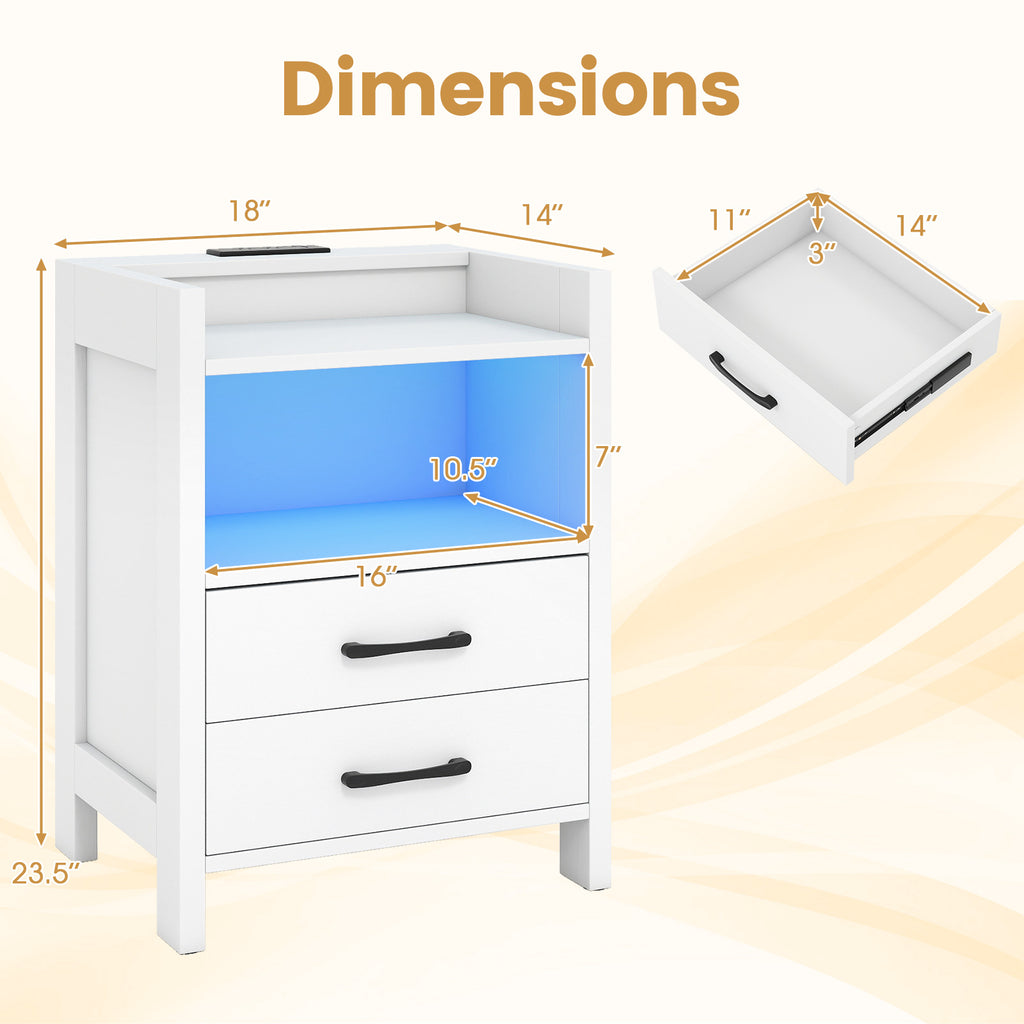 23.5" Nightstand with Charging Station & LED Lighting, White