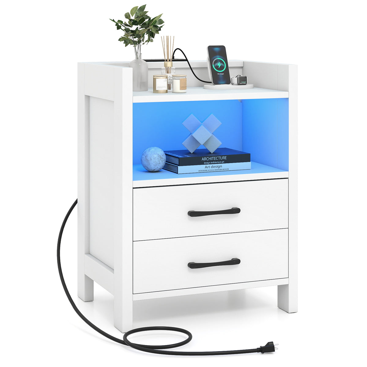 23.5 Inches Nightstand with Charging Station, White