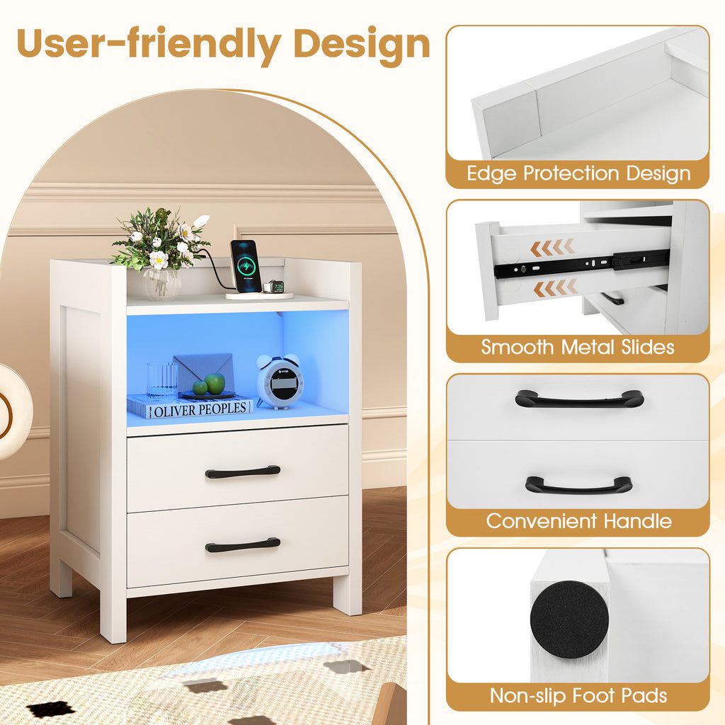 23.5 Inches Nightstand with Charging Station, White