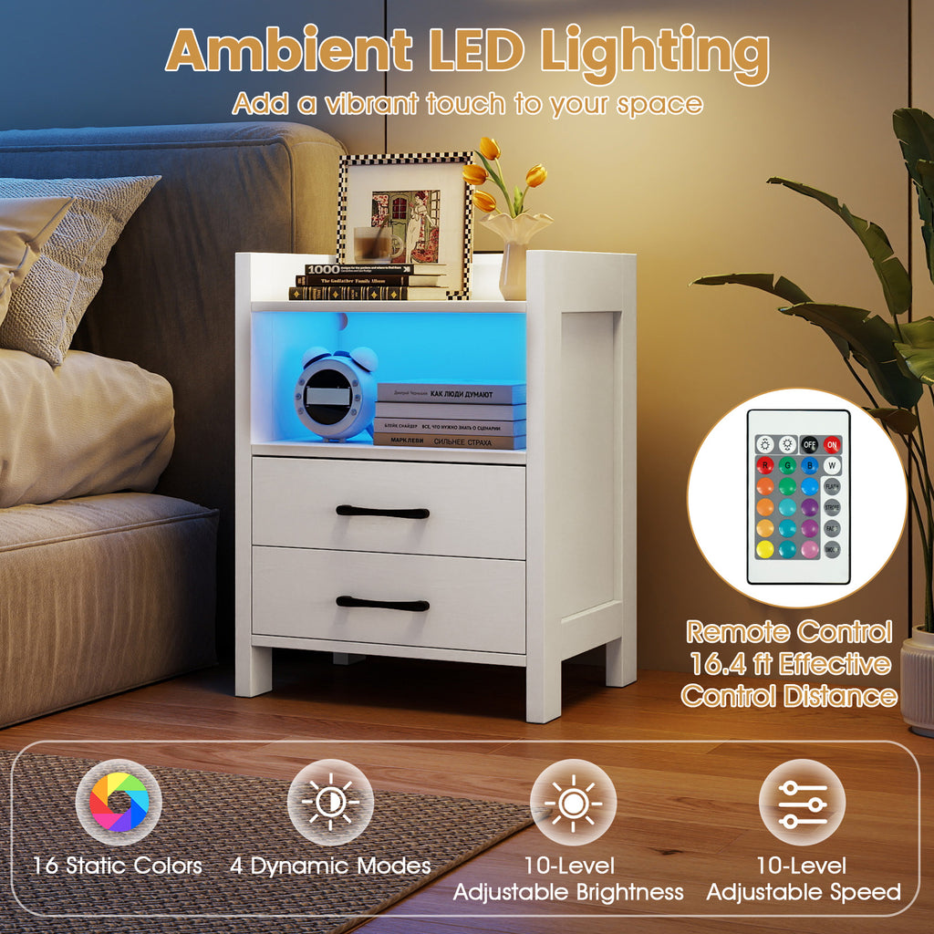 23.5" Nightstand with Charging Station & LED Lighting, White