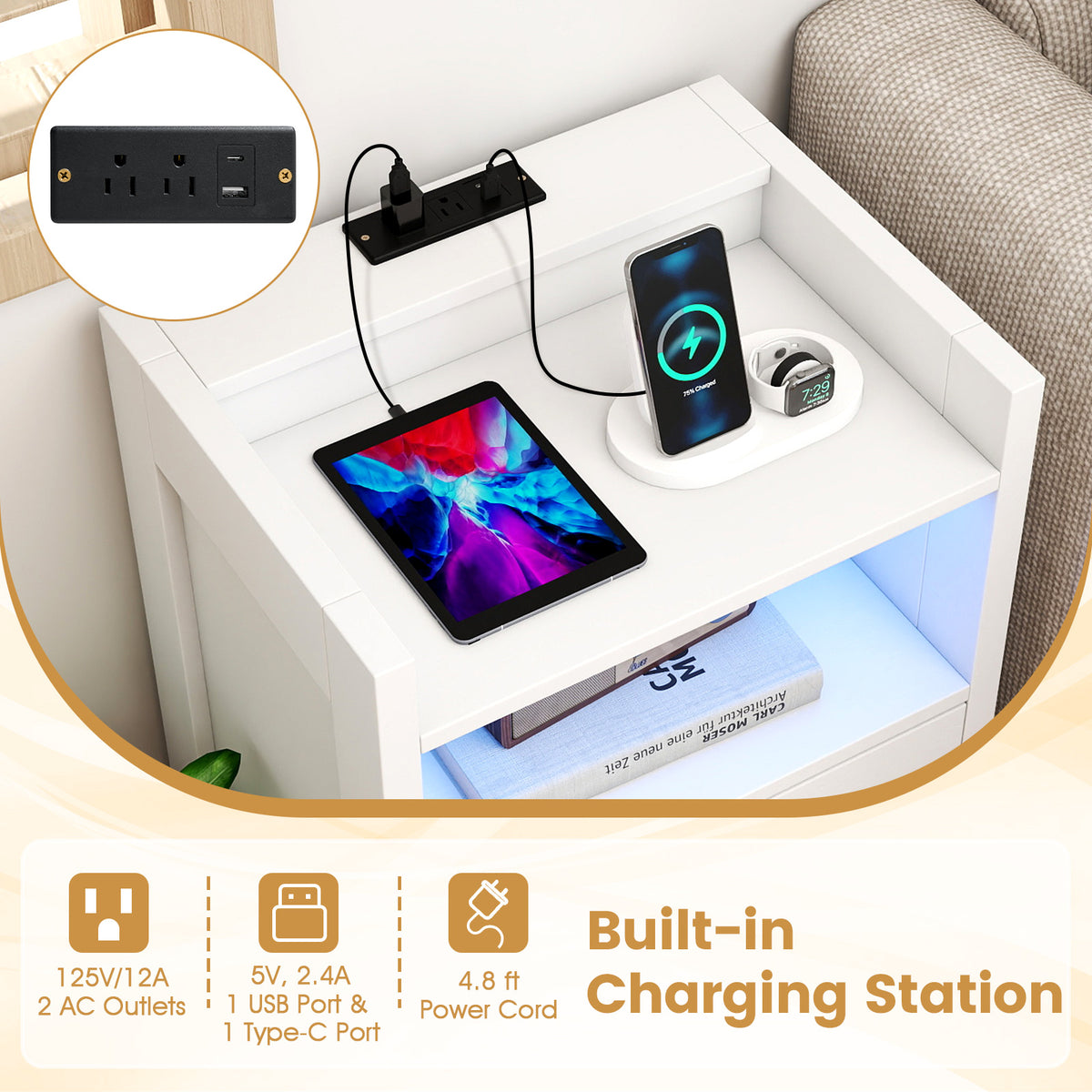 23.5 Inches Nightstand with Charging Station, White
