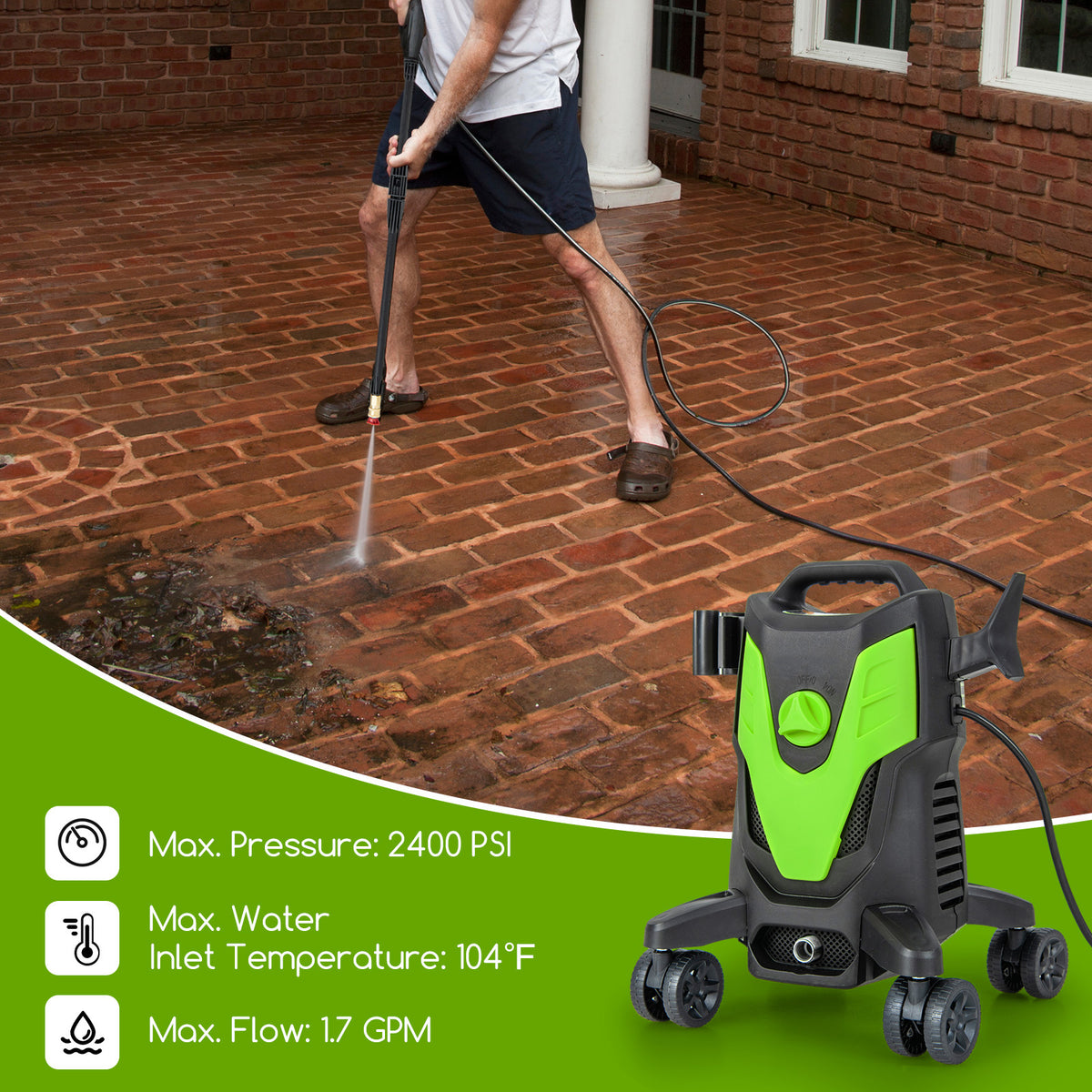 2400 PSI Electric Pressure Washer with 4 Wheels - Green