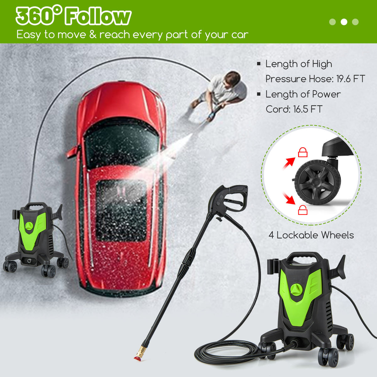 2400 PSI Electric Pressure Washer with 4 Wheels - Green