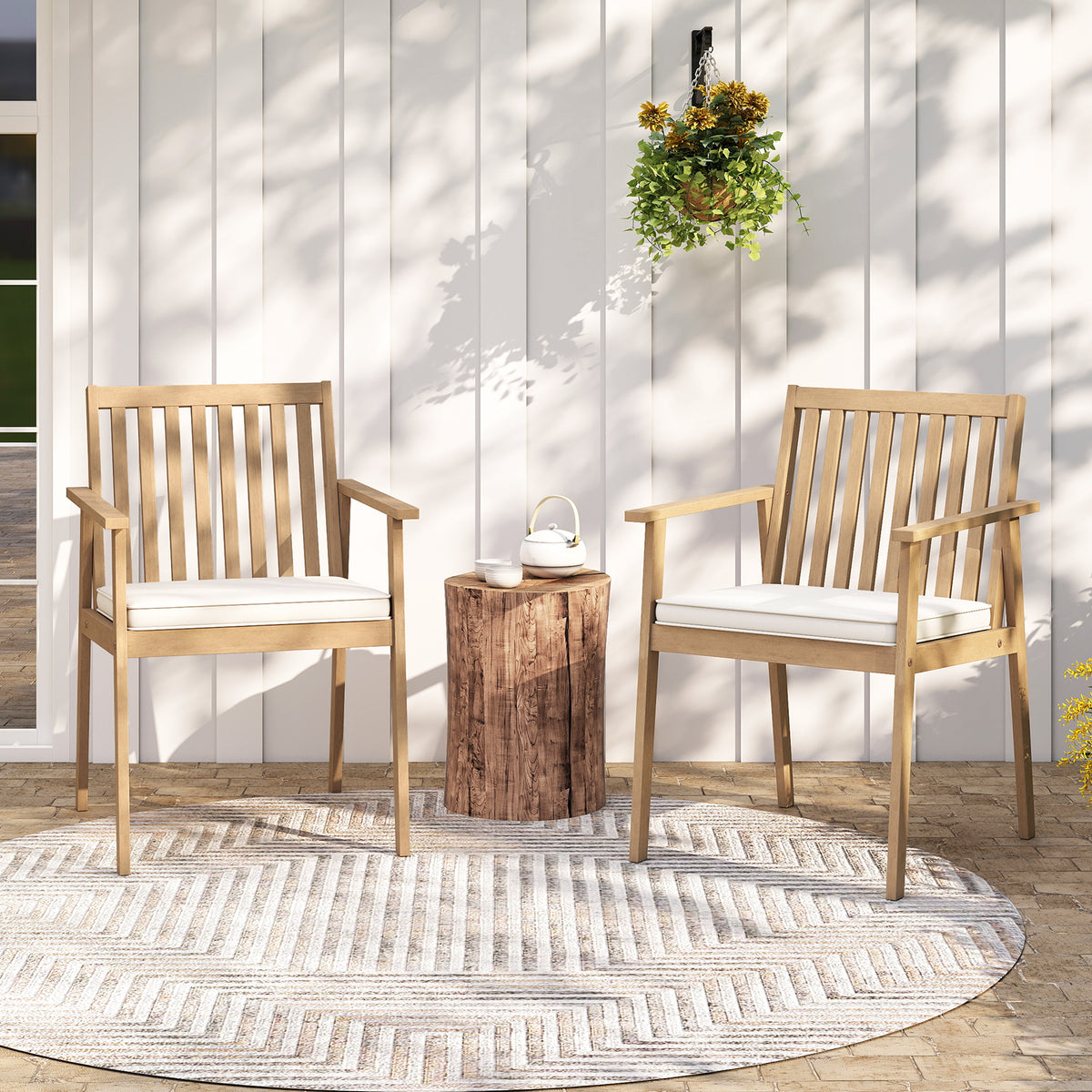 Acacia Wood Patio Dining Chairs with Cushion - Oak, Set of 2