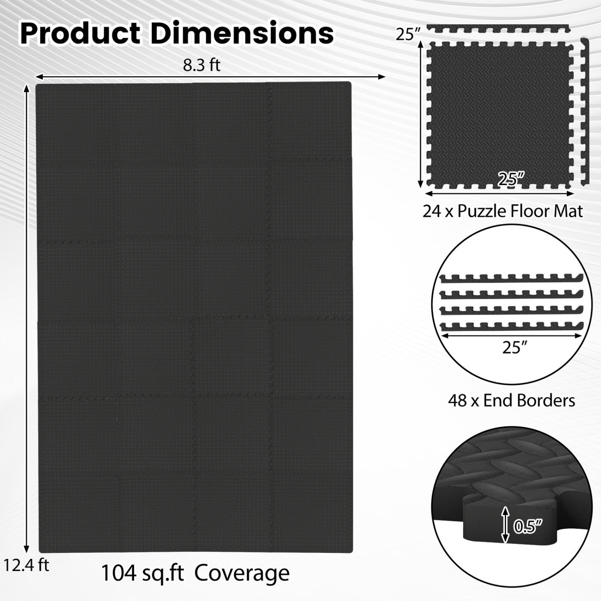 24Tiles 1/2-Inch Puzzle Exercise Floor Mats - Black Variation