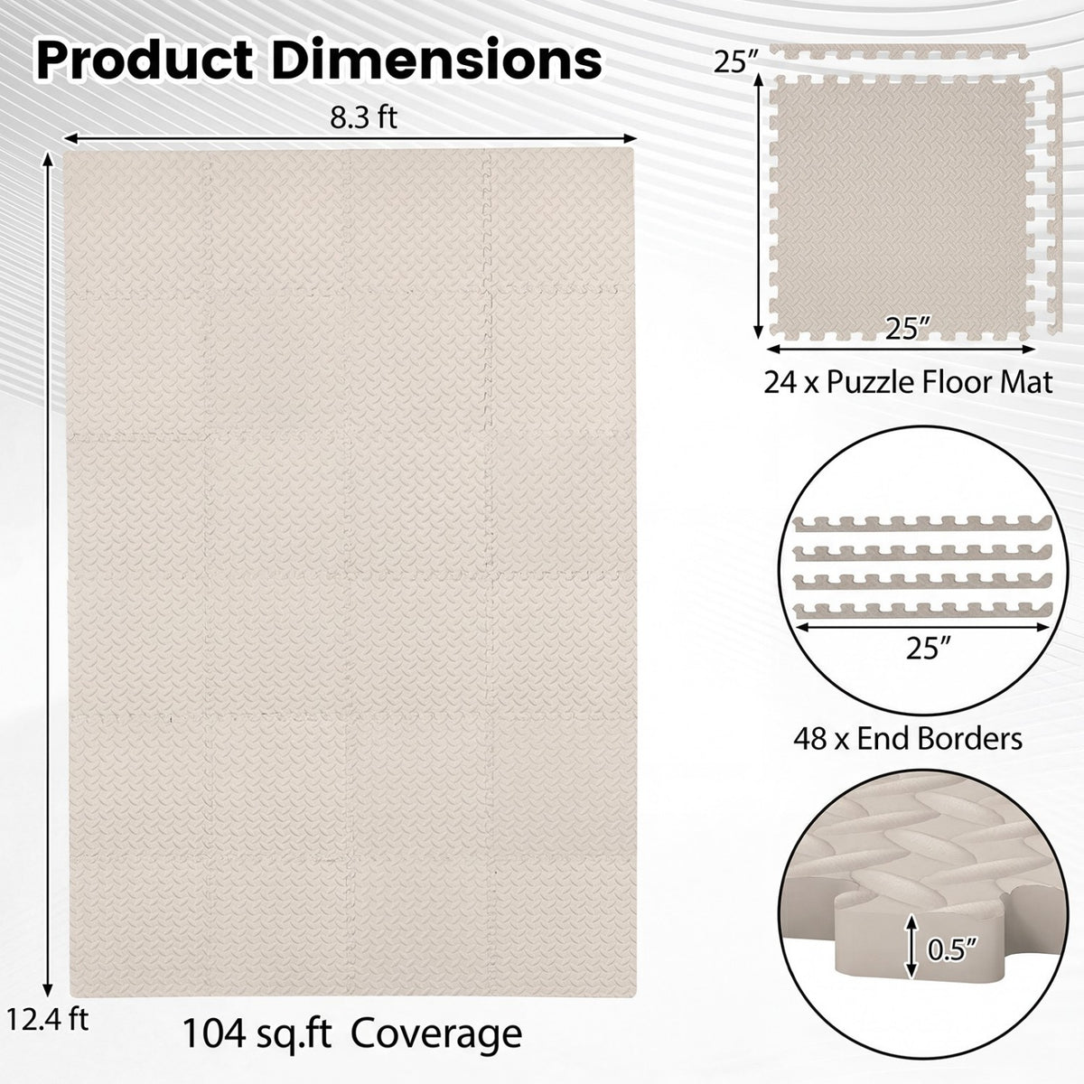 24Tiles 1/2-Inch Puzzle Exercise Floor Mats - Beige Interlocking Gym Tiles