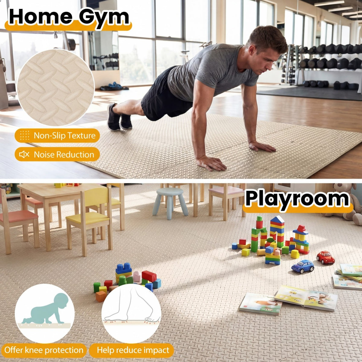24Tiles 1/2-Inch Puzzle Exercise Floor Mats - Beige Interlocking Gym Tiles