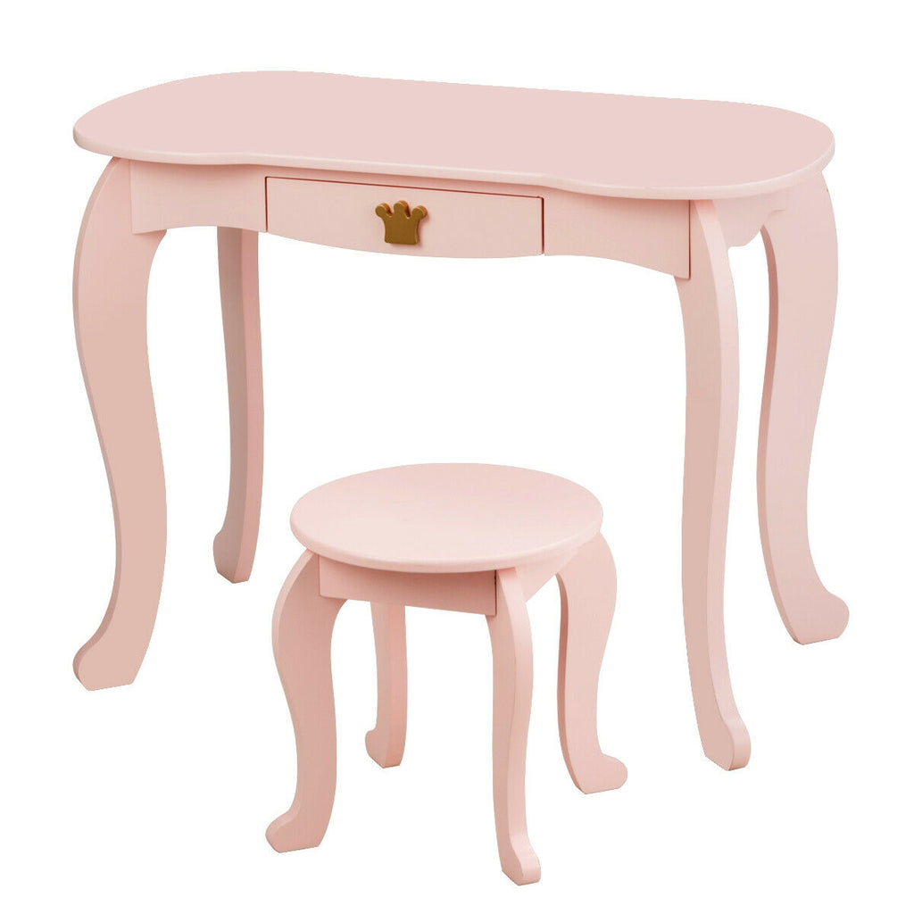 Kids Makeup Dressing Table with Tri-Fold Mirror & Stool - Pink - Costway