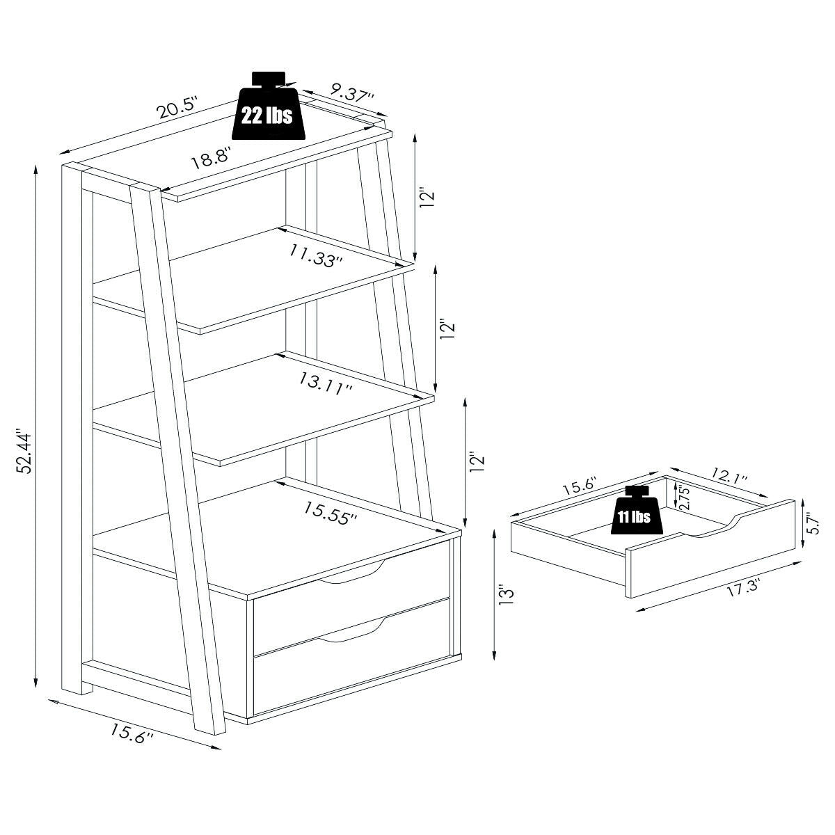 4-Tier Ladder Bookshelf with 2 Drawers Storage - Black