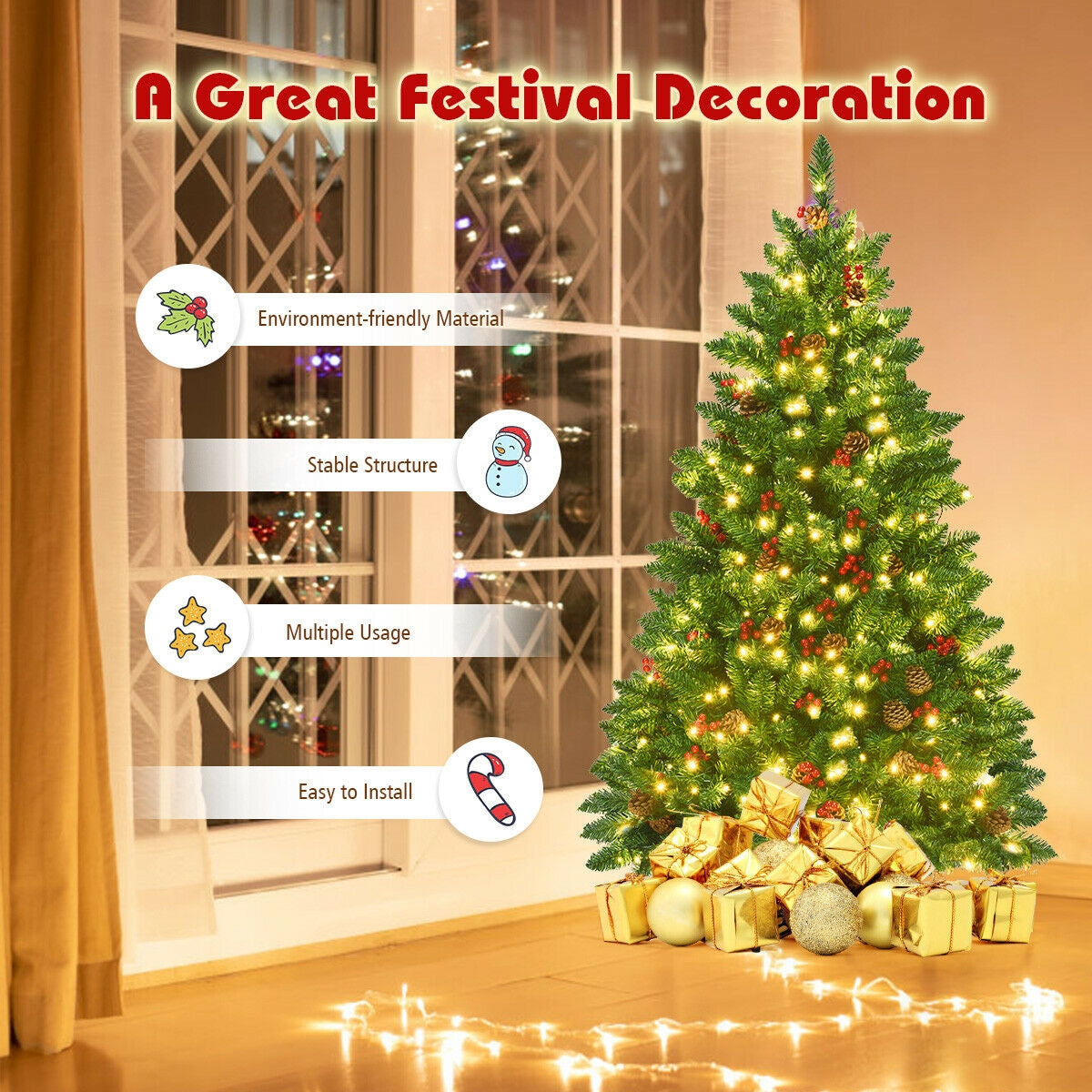 4.5 Feet Pre-Lit Hinged Christmas Tree with 300 LED Lights and Pine Cone Decor