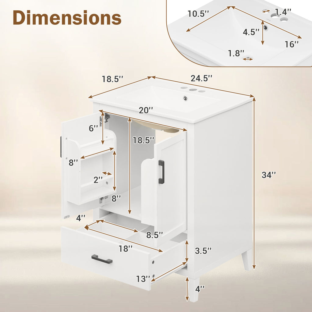 24.5" Modern Bathroom Vanity with Sink 2 Doors and Drawer
