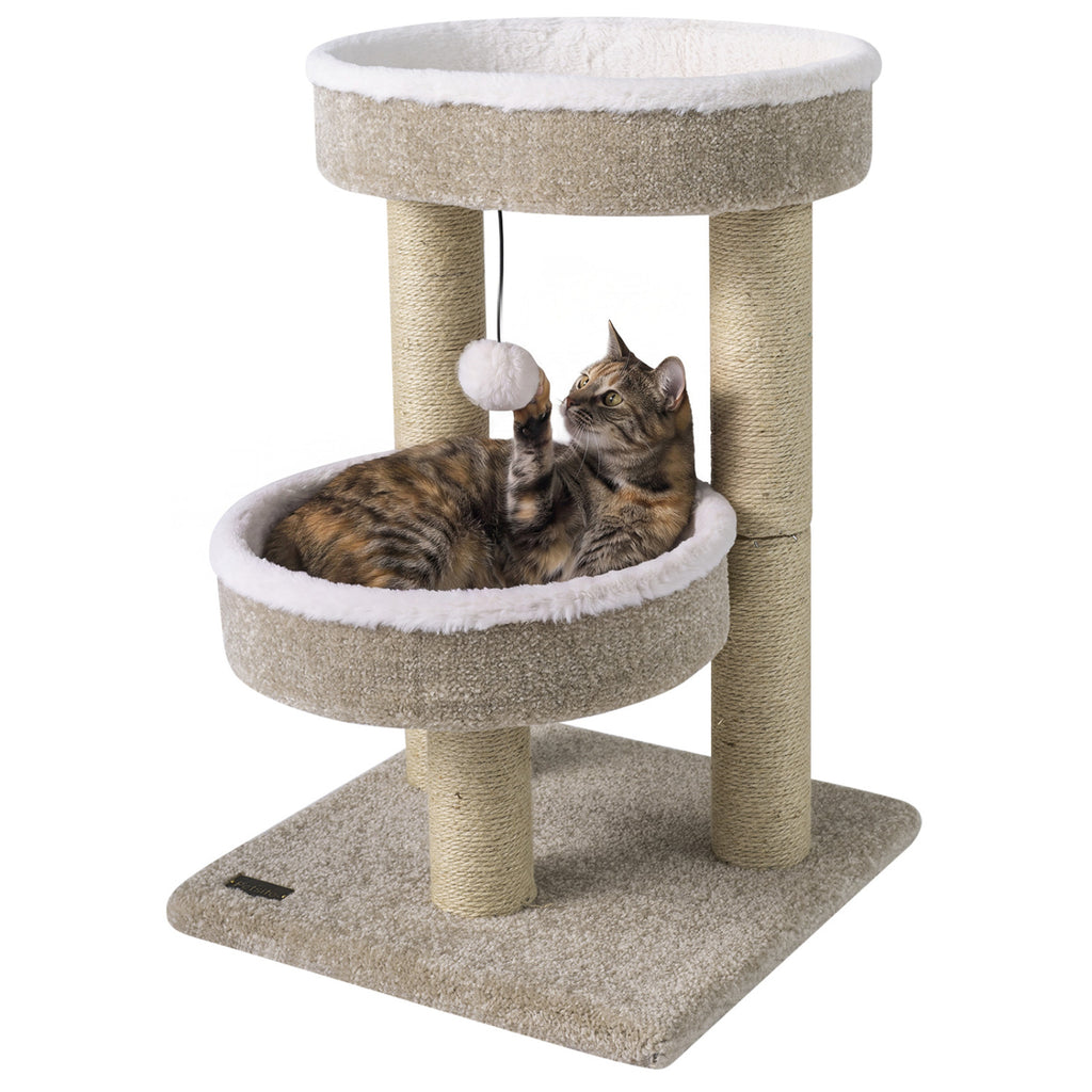 24-Inch Cat Tower with Plush Perches, Scratching Posts & Dangling Ball - Beige