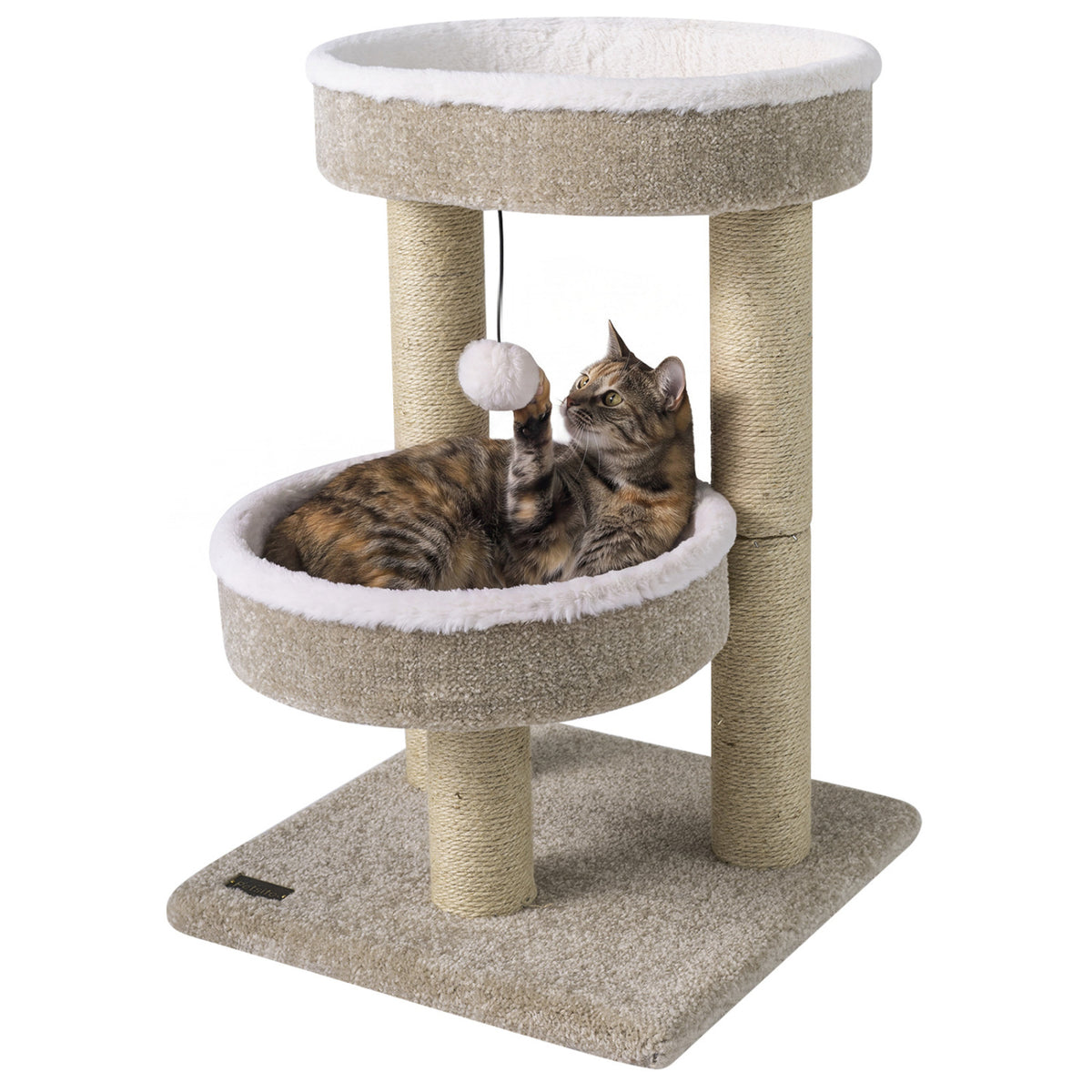 24-Inch Cat Tower with Plush Perches, Scratching Posts & Dangling Ball - Beige