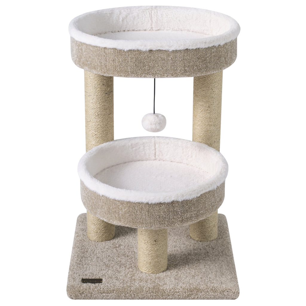 24-Inch Cat Tower with Plush Perches, Scratching Posts & Dangling Ball - Beige