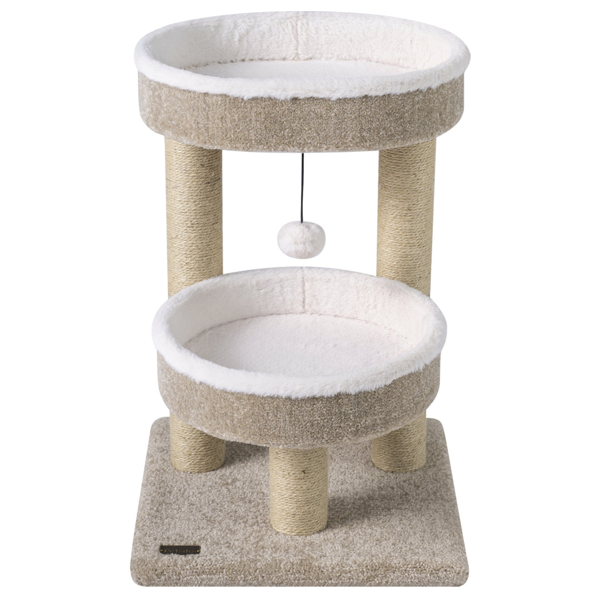 24-Inch Cat Tower with Plush Perches, Scratching Posts & Dangling Ball - Beige