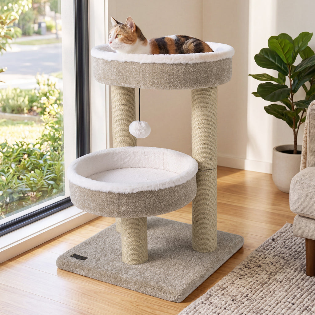 24-Inch Cat Tower with Plush Perches, Scratching Posts & Dangling Ball - Beige