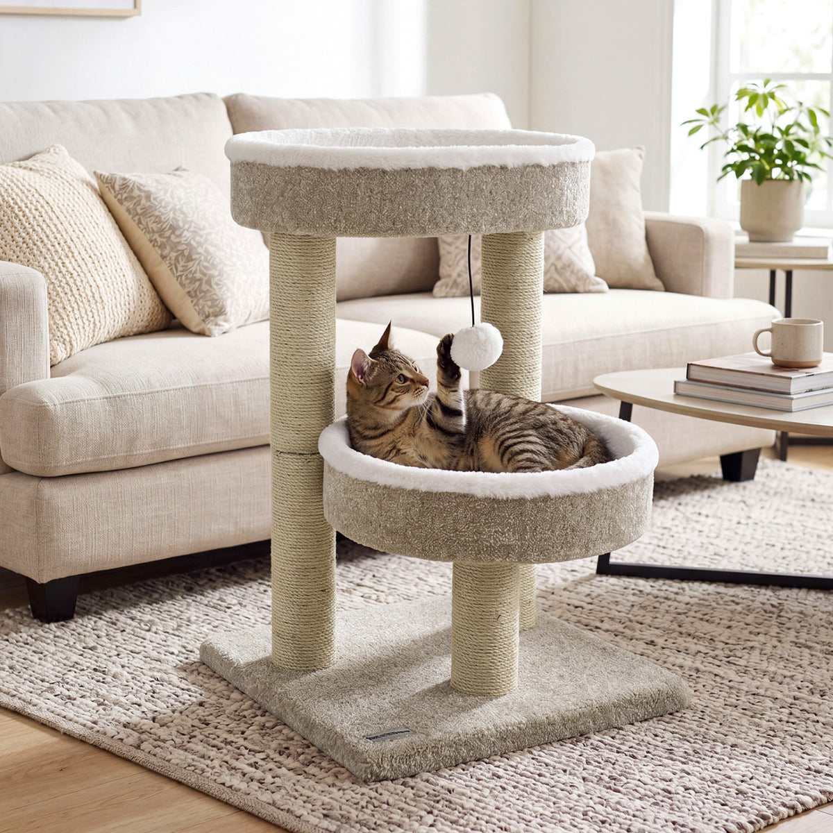 24-Inch Cat Tower with Plush Perches, Scratching Posts & Dangling Ball - Beige