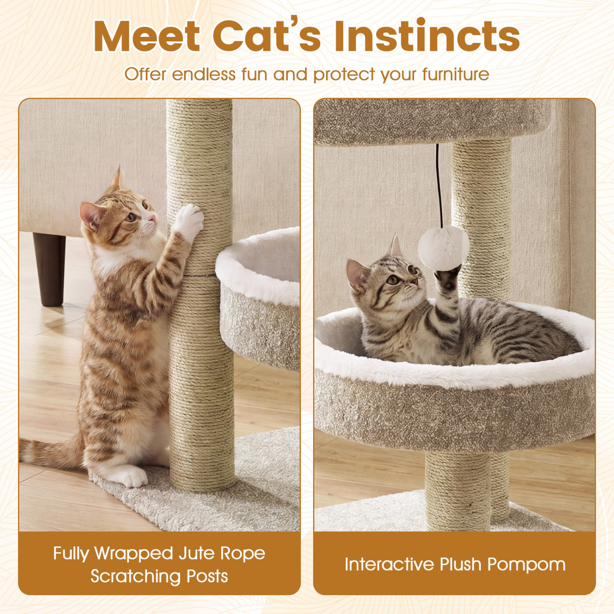 24-Inch Cat Tower with Plush Perches, Scratching Posts & Dangling Ball - Beige