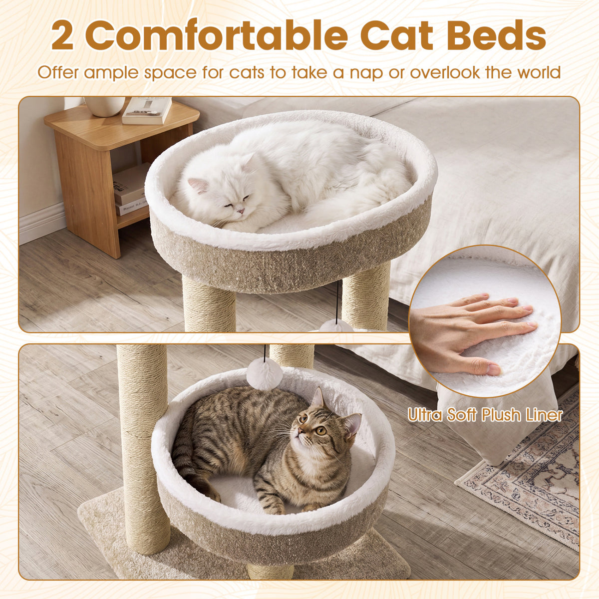 24-Inch Cat Tower with Plush Perches, Scratching Posts & Dangling Ball - Beige