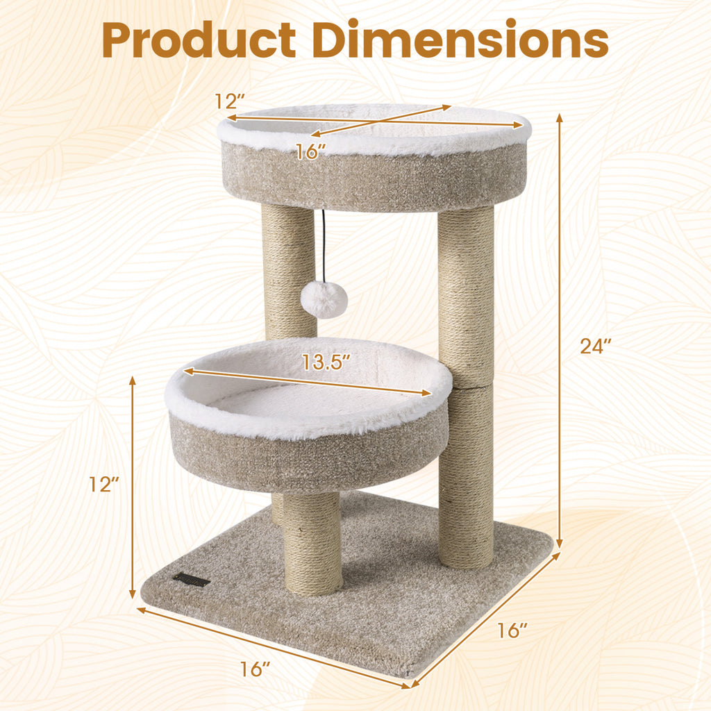24-Inch Cat Tower with Plush Perches, Scratching Posts & Dangling Ball - Beige