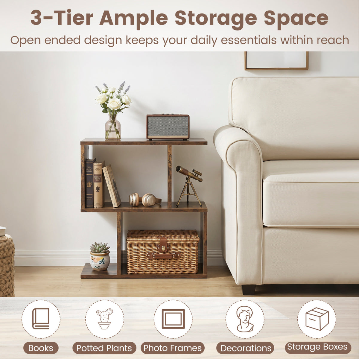 3-Tier Open Shelf Storage Unit - Brown
