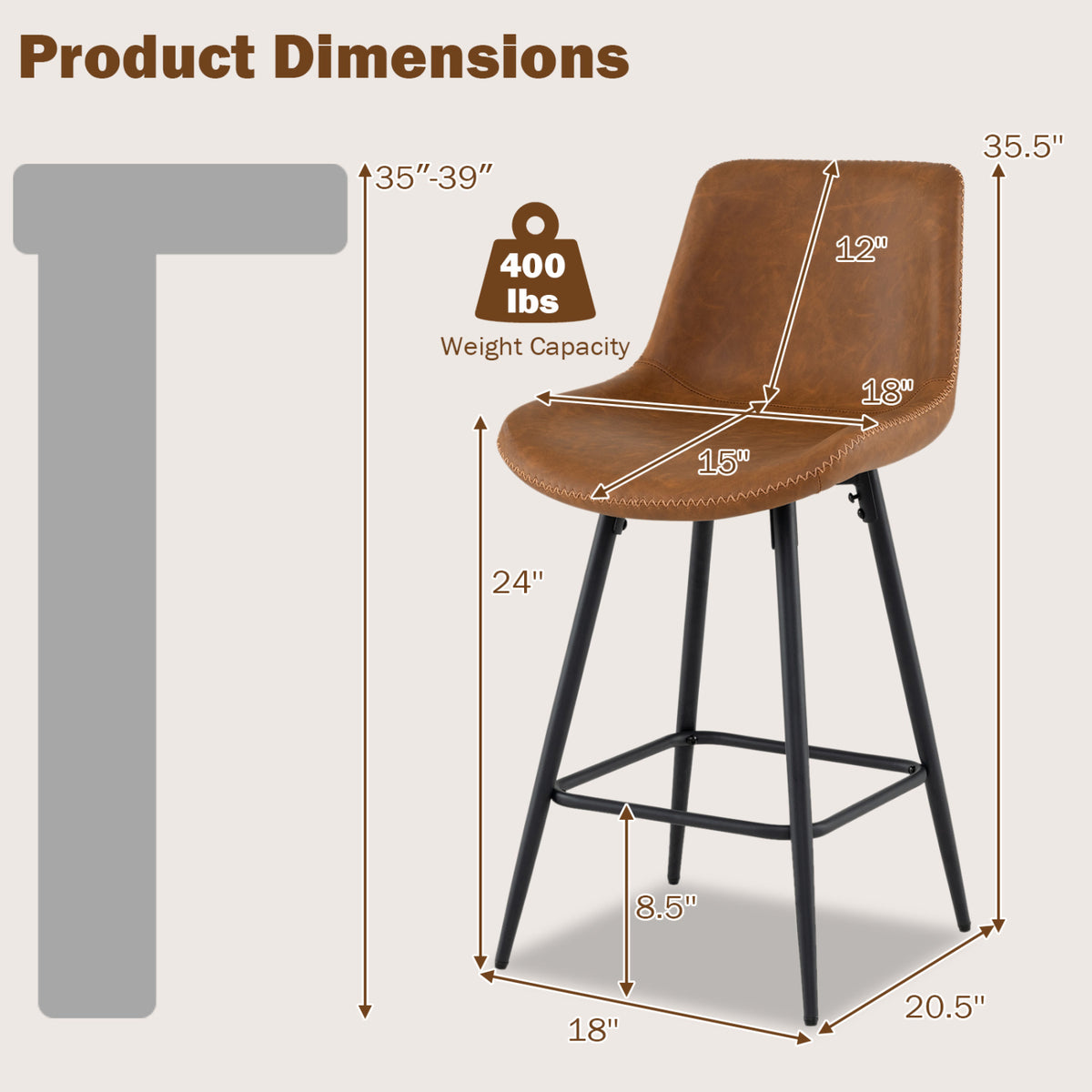 24 Inch Bar Stools Set of 2 with Backs - Brown