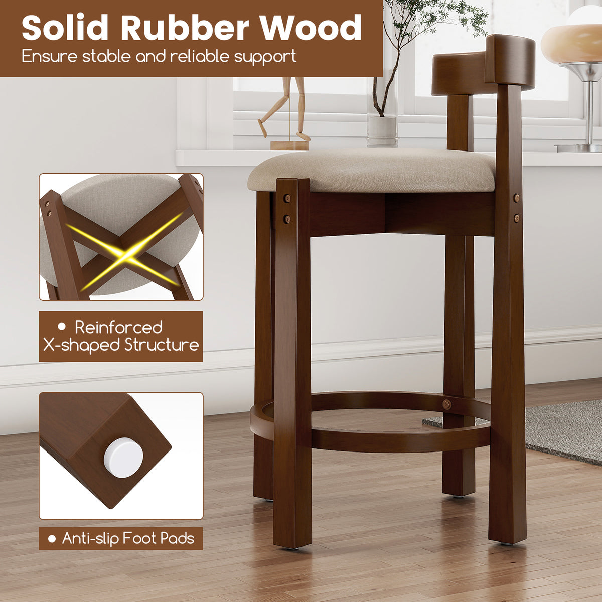 24 Inch Counter Height Bar Stools Set of 2, Brown Teddy Velvet